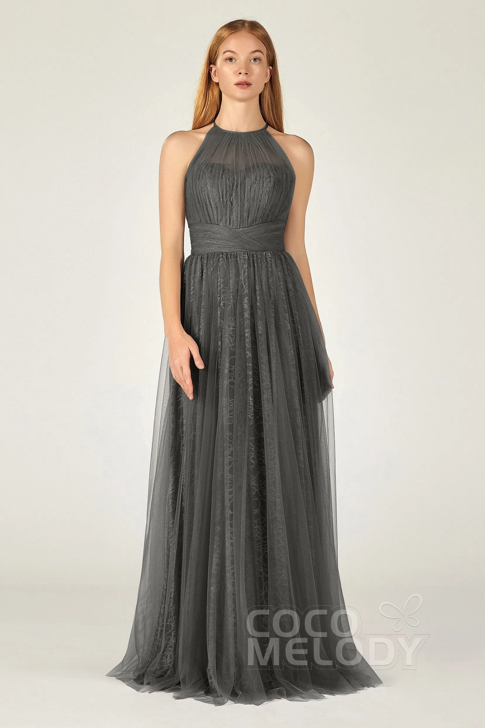 A-Line Floor Length Tulle Lace Bridesmaid Dress CB0377