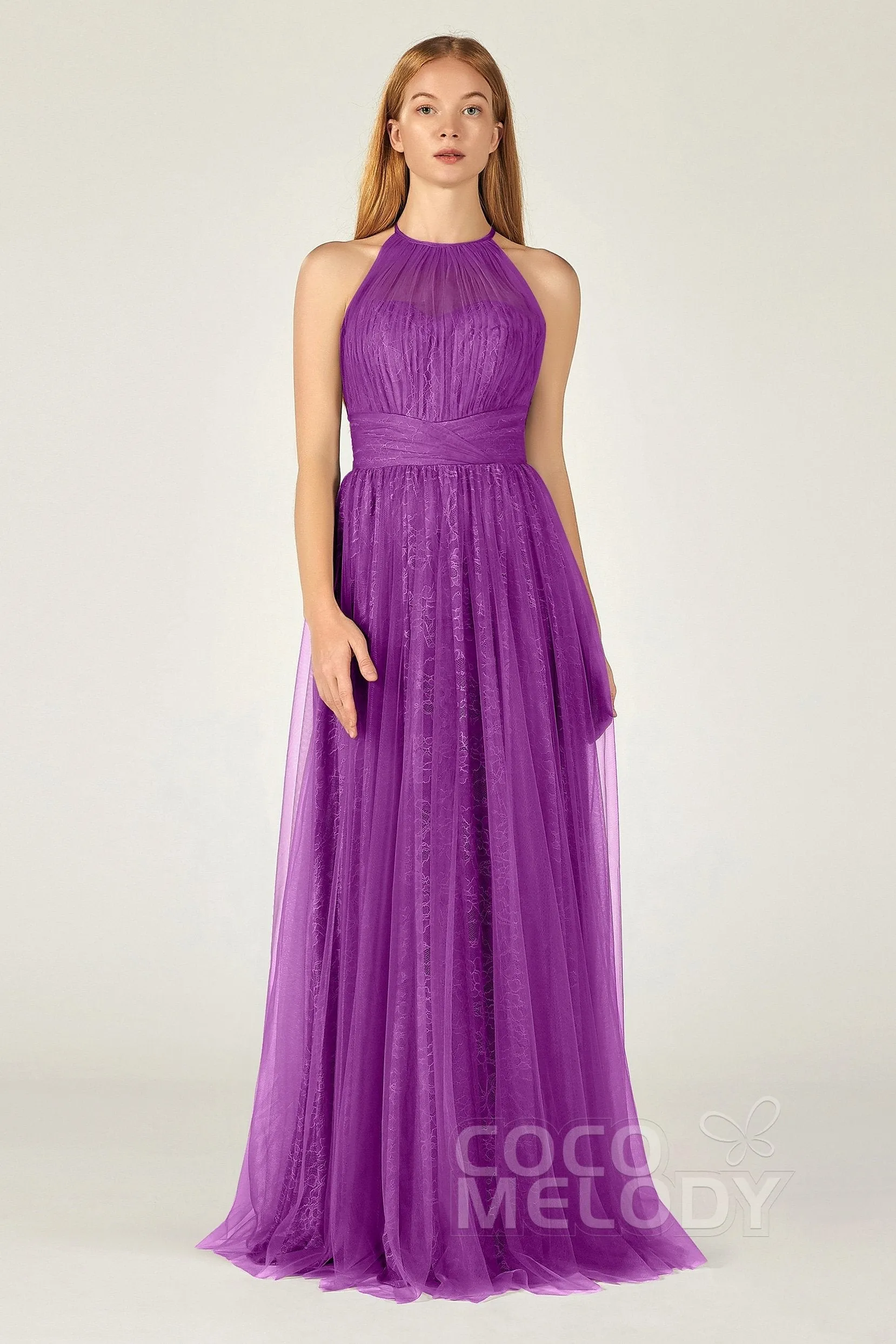 A-Line Floor Length Tulle Lace Bridesmaid Dress CB0377