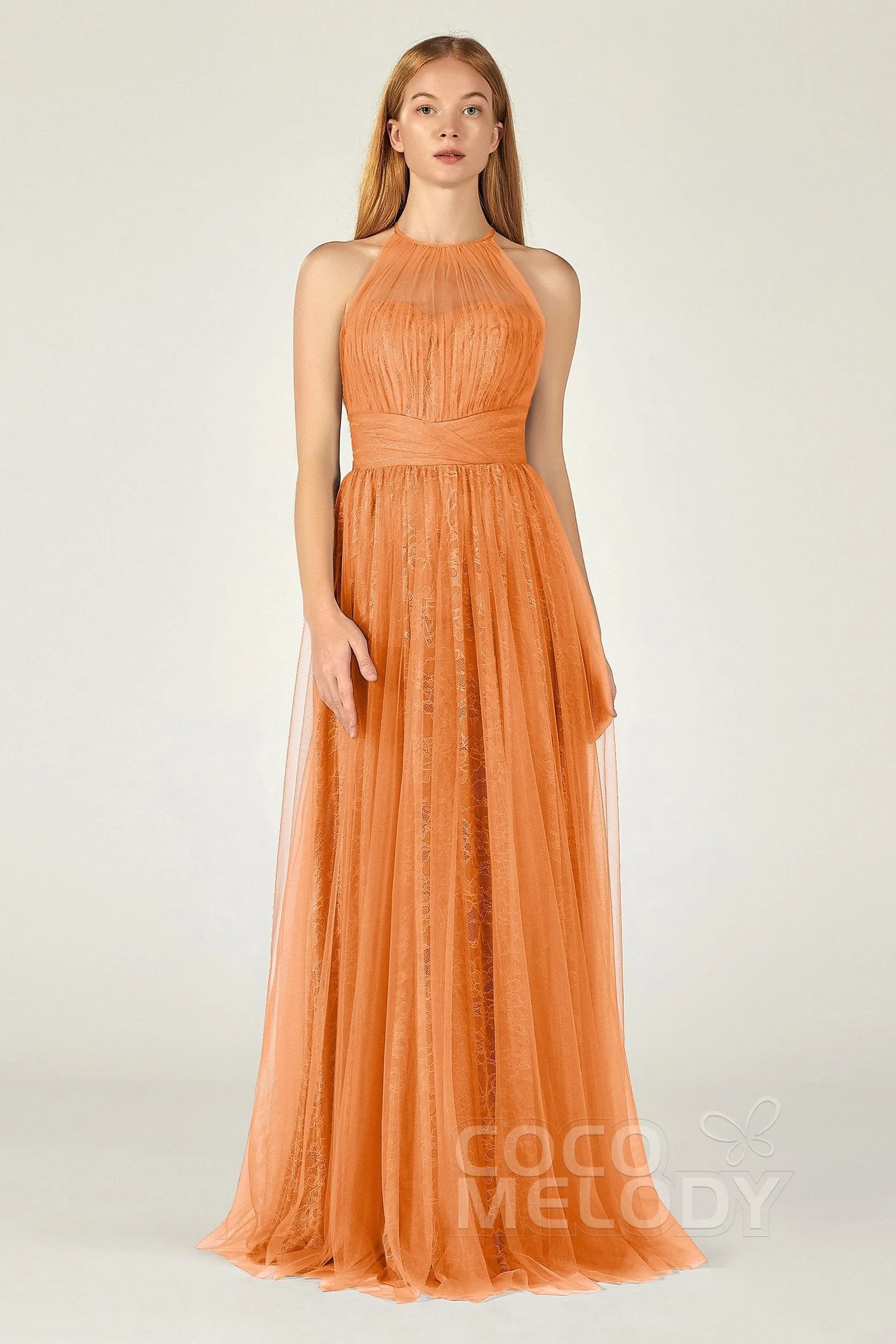 A-Line Floor Length Tulle Lace Bridesmaid Dress CB0377