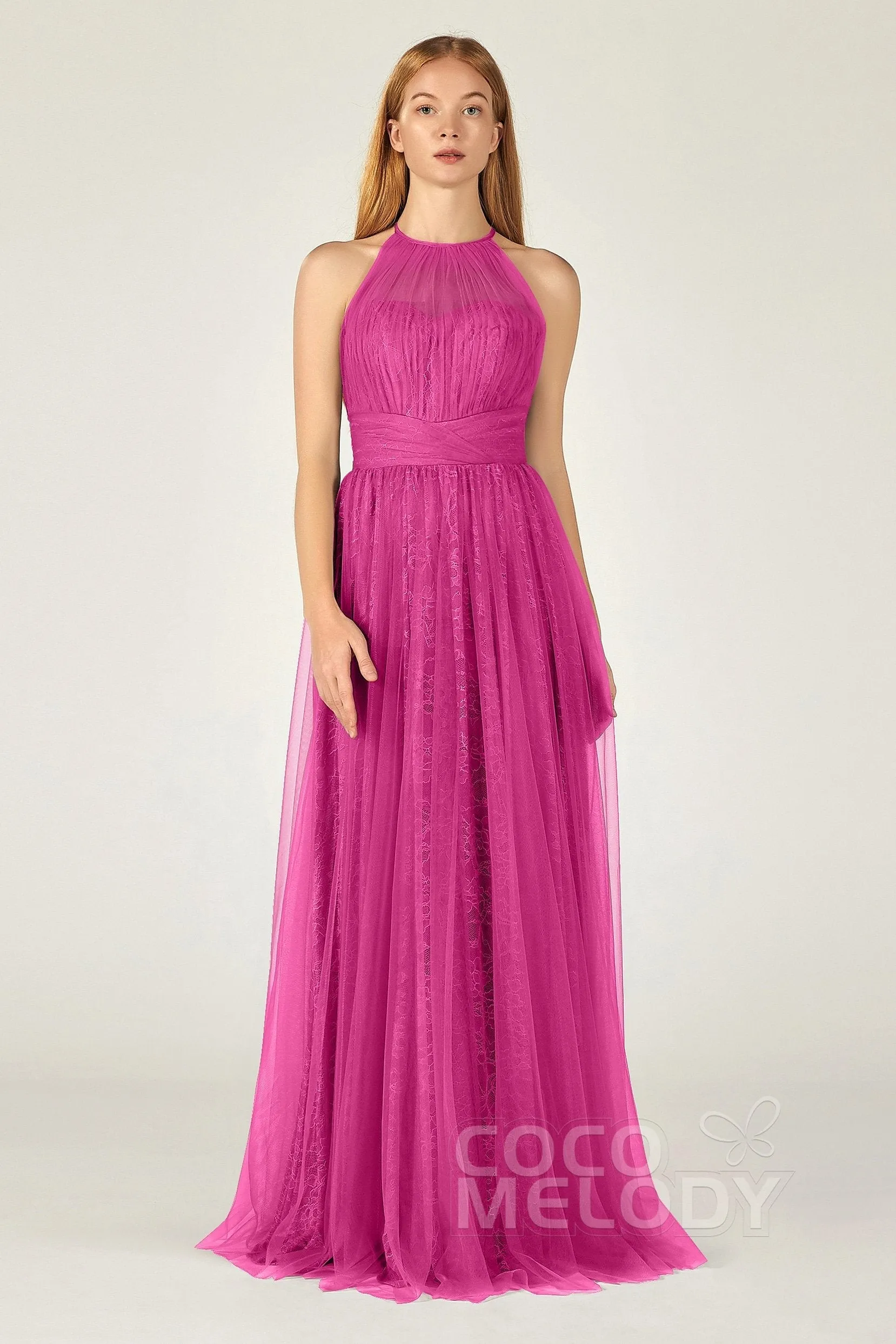 A-Line Floor Length Tulle Lace Bridesmaid Dress CB0377