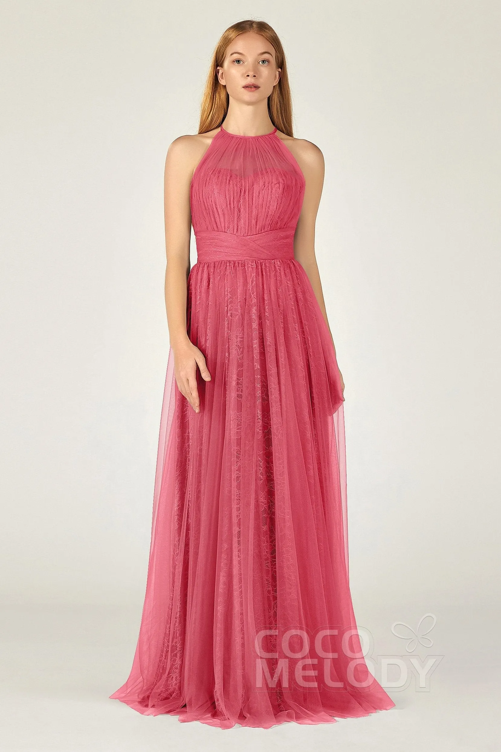A-Line Floor Length Tulle Lace Bridesmaid Dress CB0377