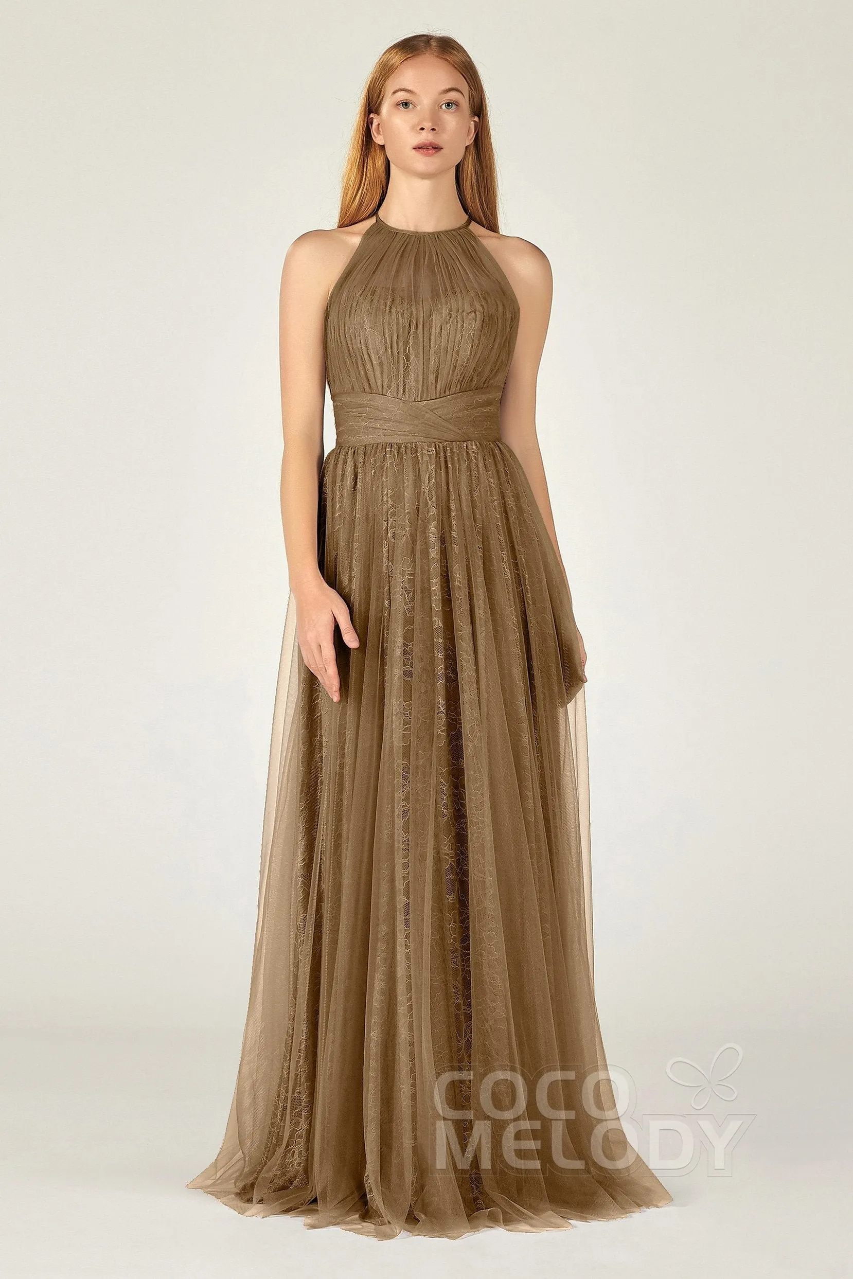 A-Line Floor Length Tulle Lace Bridesmaid Dress CB0377