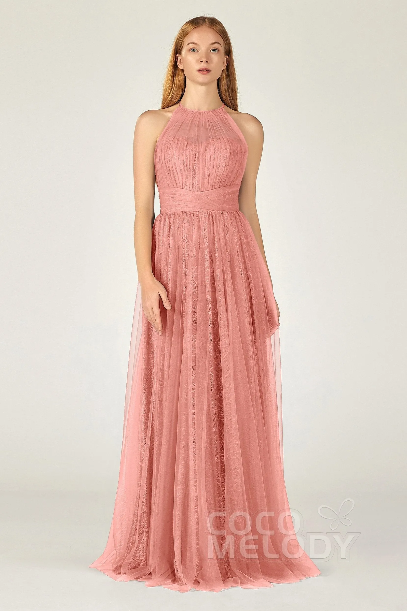 A-Line Floor Length Tulle Lace Bridesmaid Dress CB0377