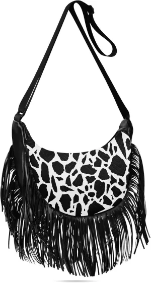 Abstract Black White Terrazzo Fringe Bag for Women Cross Body Bag Tassel Shoulder Bag Satchel