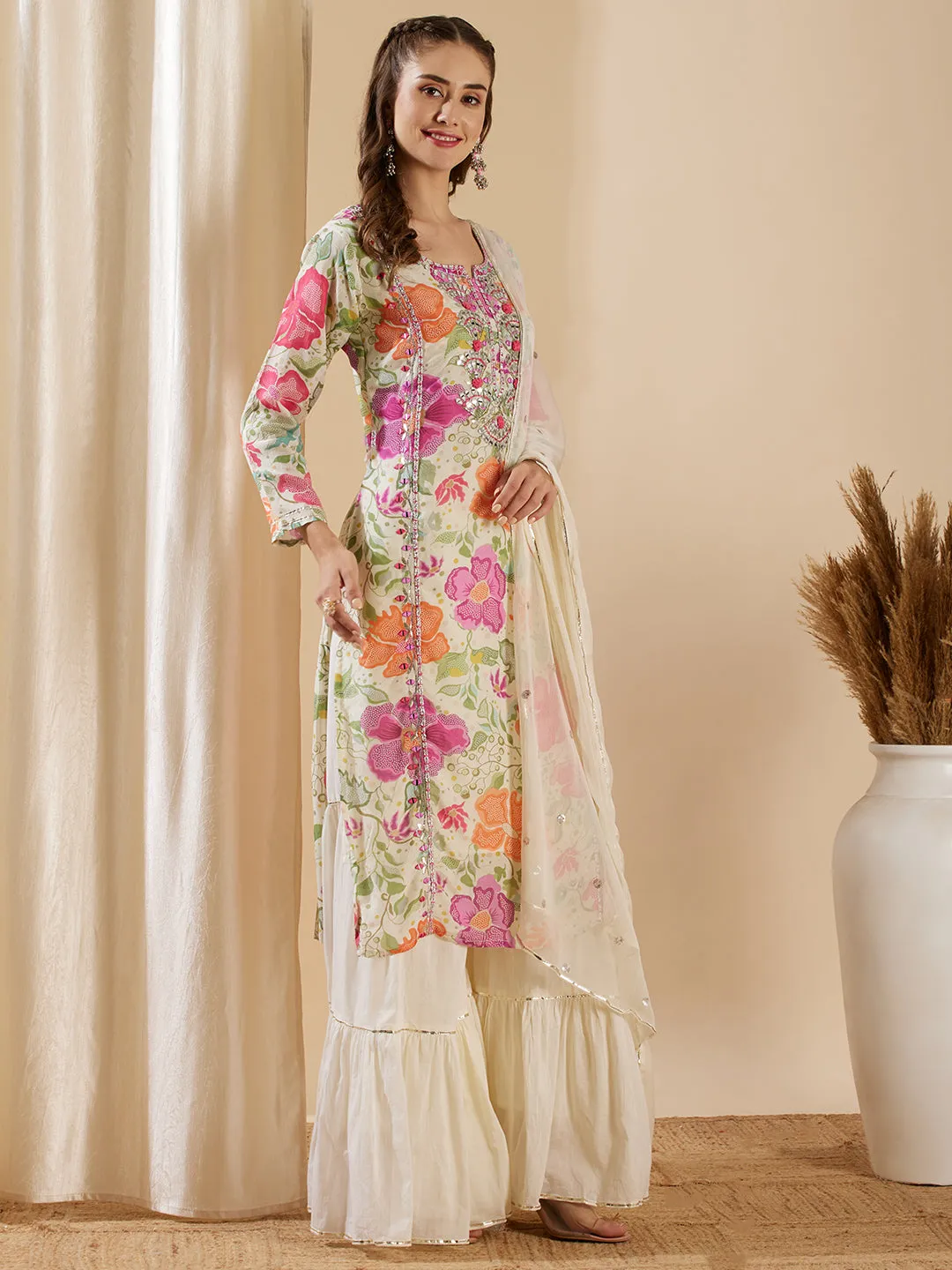 Abstract Floral Printed & Mirror Embroidered Kurta with Sharara & Dupatta - Pastel Green