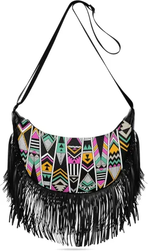 Abstract Geometric Tribal Art Fringe Bag for Women Cross Body Bag Tassel Shoulder Bag Satchel