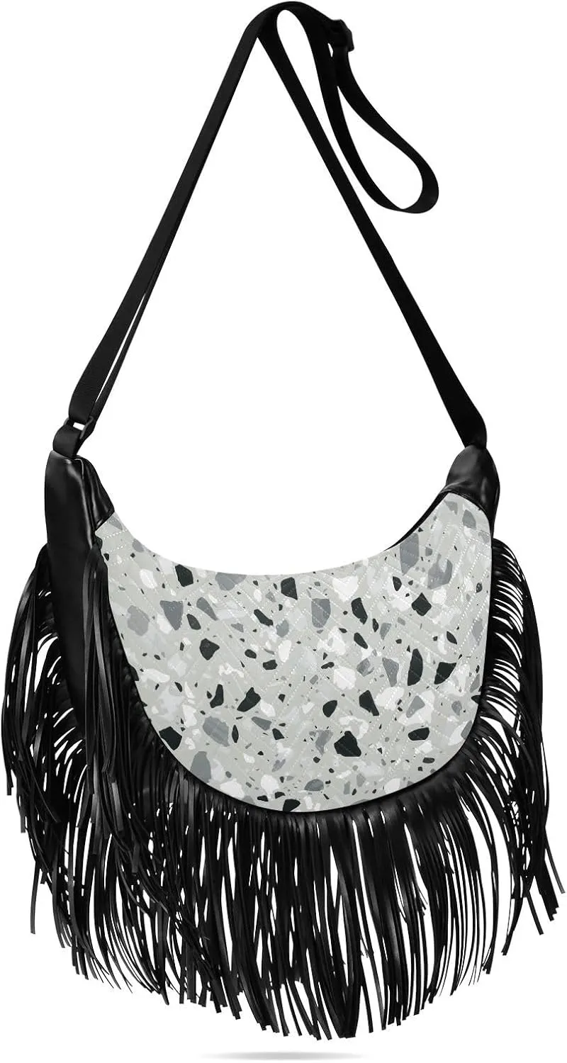 Abstract Gray Floor Pattern Fringe Bag for Women Cross Body Bag Tassel Shoulder Bag Satchel