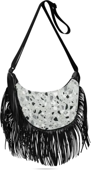 Abstract Gray Floor Pattern Fringe Bag for Women Cross Body Bag Tassel Shoulder Bag Satchel