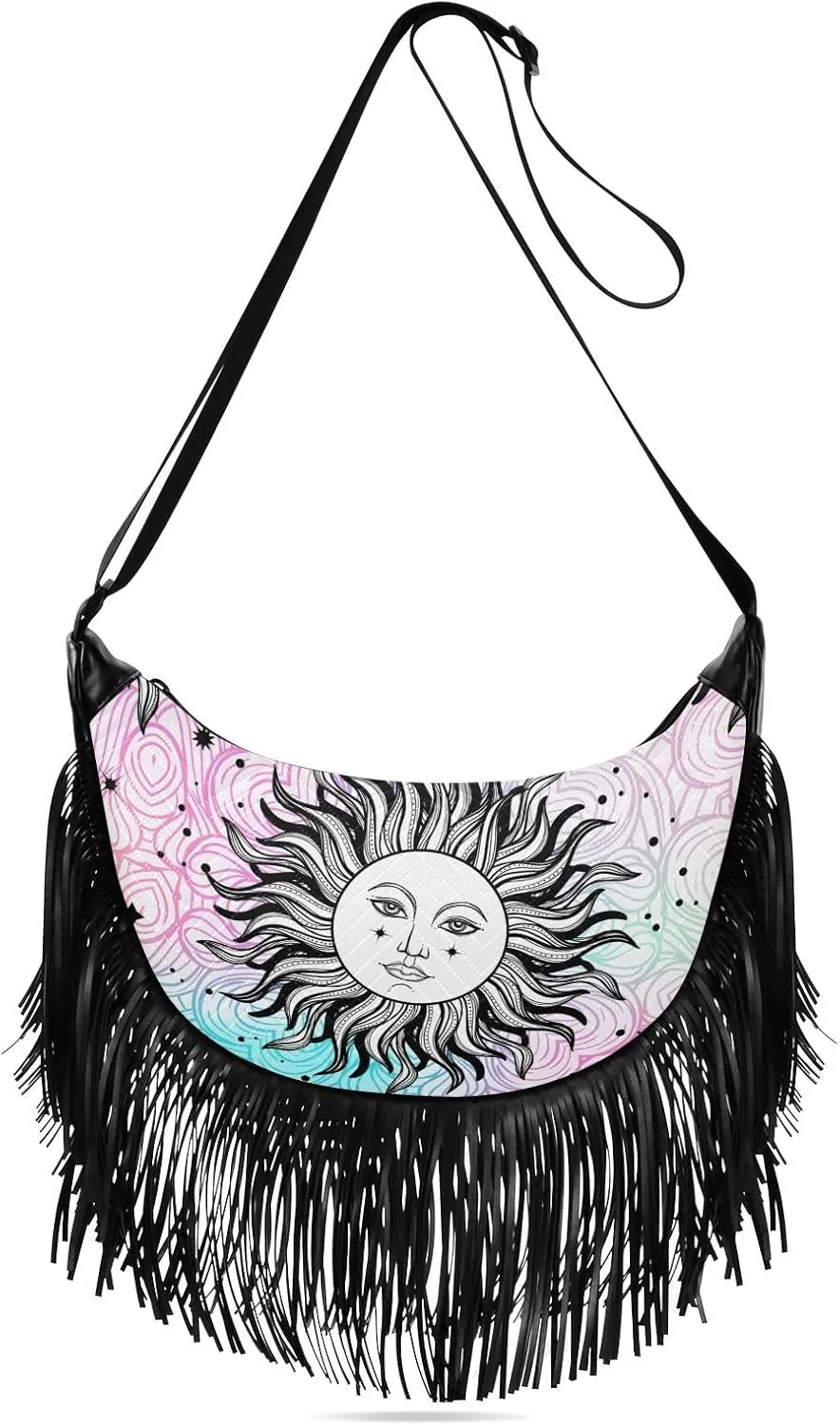 Abstract Sky and Sun Fringe Bag for Women Cross Body Bag Tassel Shoulder Bag Satchel