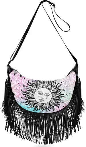Abstract Sky and Sun Fringe Bag for Women Cross Body Bag Tassel Shoulder Bag Satchel