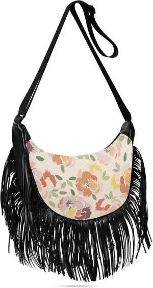 Abstract Watercolor Flowers Fringe Bag for Women Cross Body Bag Tassel Shoulder Bag Satchel