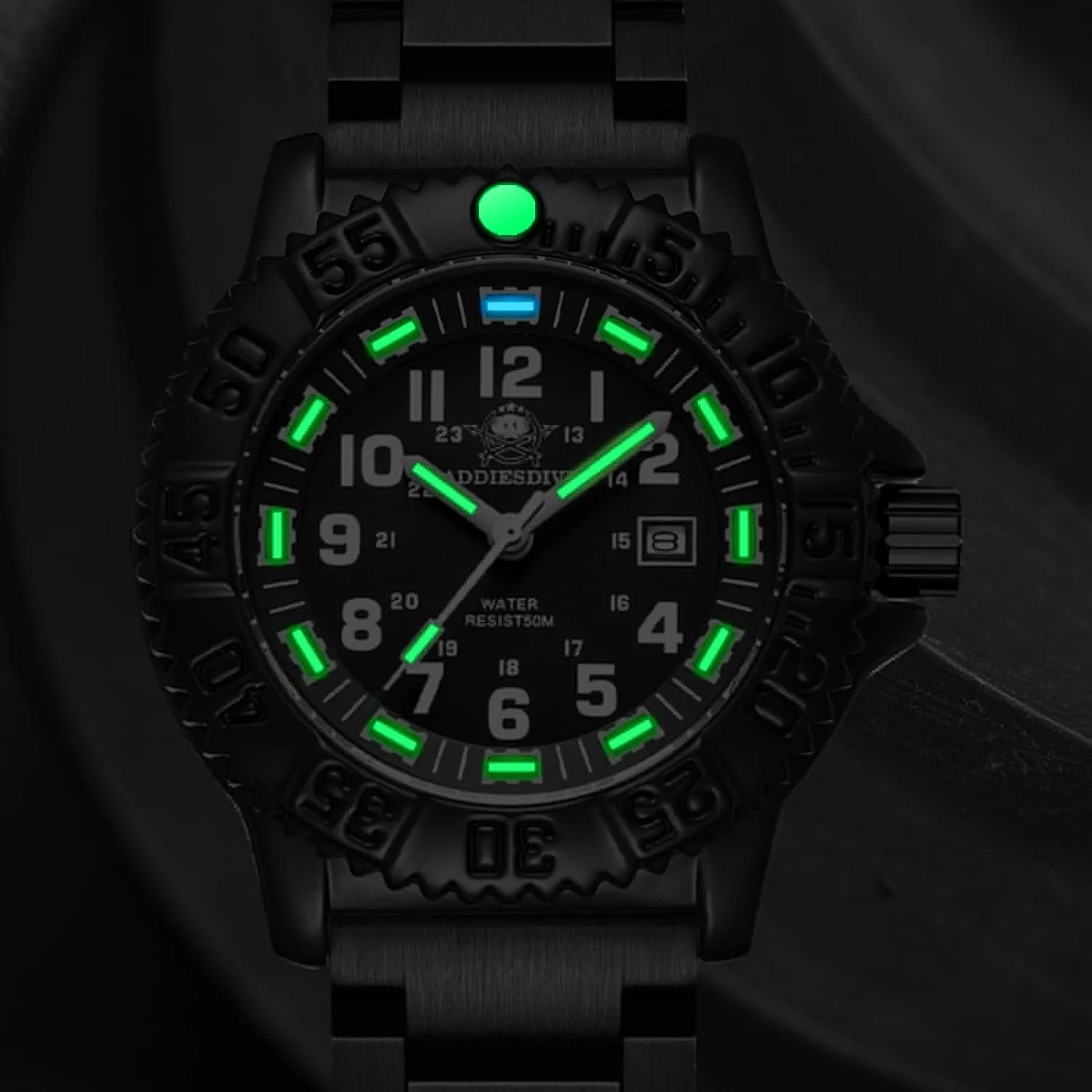 ADDIESDIVE Watch for Men Alloy Case Mineral Analog Quartz Rotatable Bezel Luminous Military Mens Watches with Stainless Steel Bracelet/Olive/Khaki Nylon Band