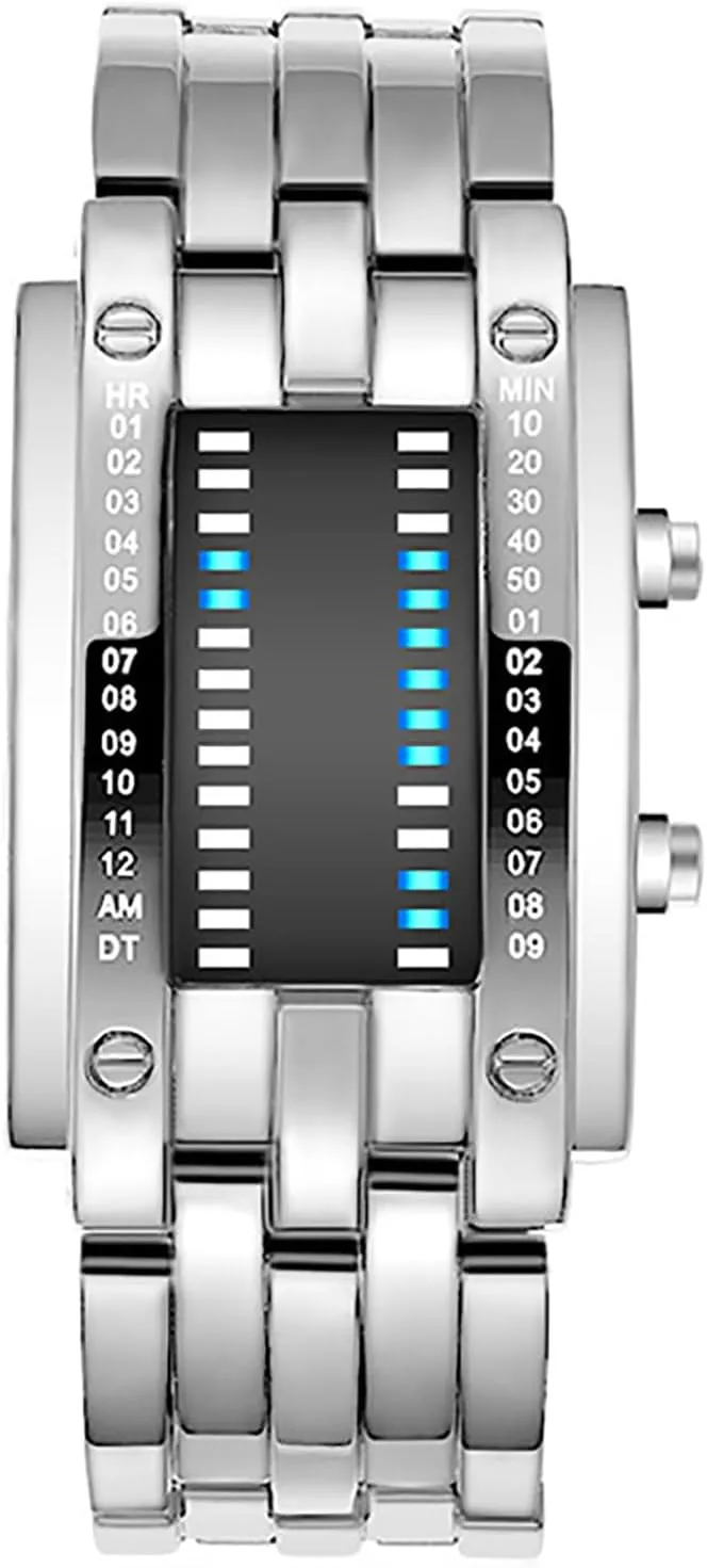ADSBIAOYE Men's and Women's Watches Fashion Creative Double Matrix Binary LED Waterproof Stainless Steel Watch