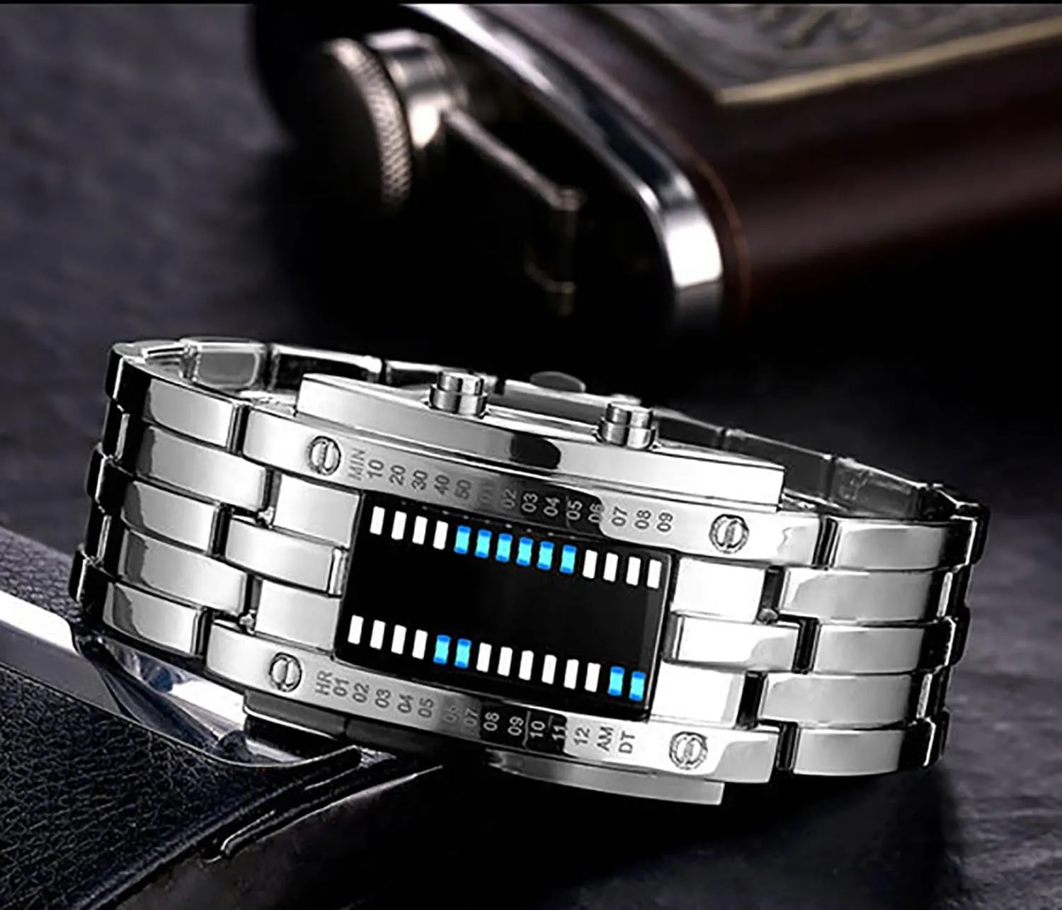 ADSBIAOYE Men's and Women's Watches Fashion Creative Double Matrix Binary LED Waterproof Stainless Steel Watch