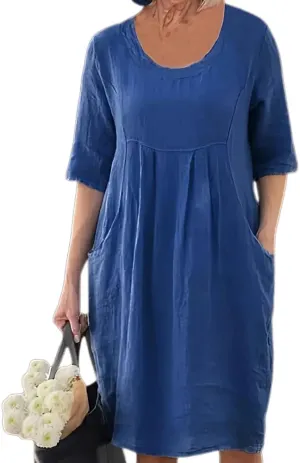 Akivide Casual Cotton Linen Dress for Women Crewneck Short Sleeve Flowy Plus Size Summer Midi Dress with Pocket