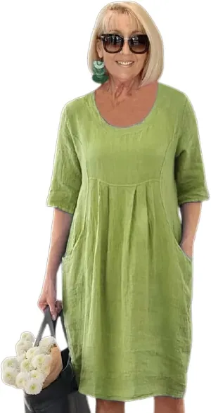 Akivide Casual Cotton Linen Dress for Women Crewneck Short Sleeve Flowy Plus Size Summer Midi Dress with Pocket