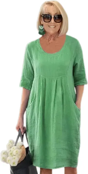 Akivide Casual Cotton Linen Dress for Women Crewneck Short Sleeve Flowy Plus Size Summer Midi Dress with Pocket