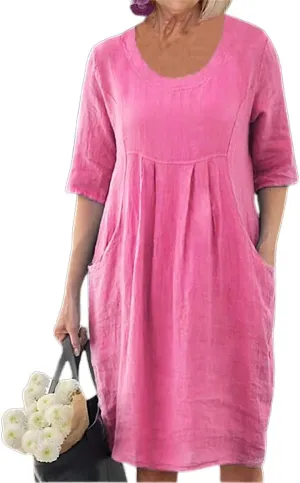 Akivide Casual Cotton Linen Dress for Women Crewneck Short Sleeve Flowy Plus Size Summer Midi Dress with Pocket
