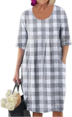 Akivide Casual Cotton Linen Dress for Women Crewneck Short Sleeve Flowy Plus Size Summer Midi Dress with Pocket