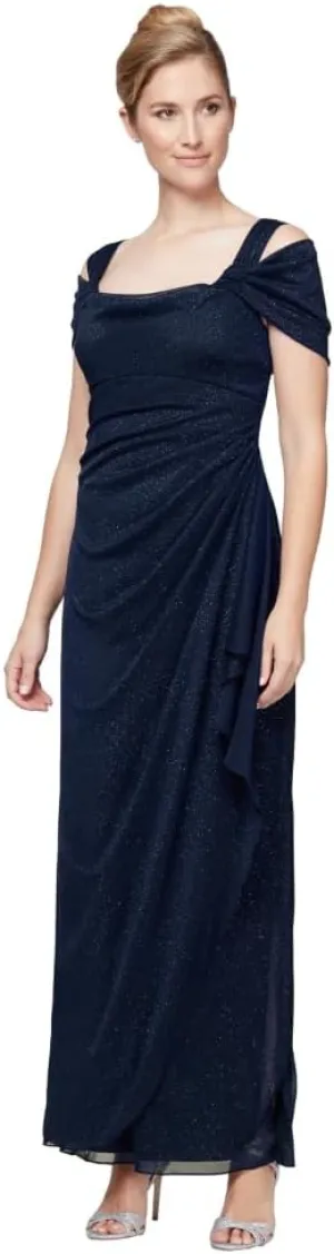 Alex Evenings Women's Long Cold Shoulder Dress, Mother of The Bride, Formal Events, (Petite and Regular Sizes)
