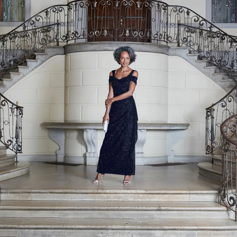 Alex Evenings Women's Long Cold Shoulder Dress, Mother of The Bride, Formal Events, (Petite and Regular Sizes)