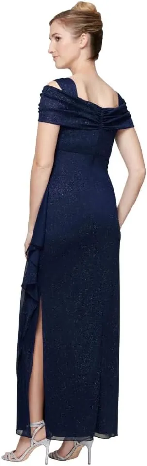 Alex Evenings Women's Long Cold Shoulder Dress, Mother of The Bride, Formal Events, (Petite and Regular Sizes)