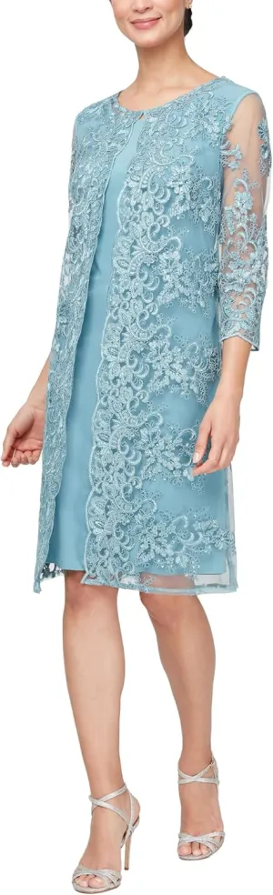 Alex Evenings Women's Short Embroidered Jacket Dress, Perfect for Wedding Guest, Formal Events (Petite and Regular Sizes), Vintage Teal