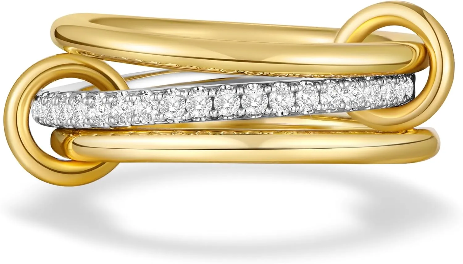 AllenCOCO 14K Gold Plated Stackable Rings, 3 Ring Set with Cubic Zirconia, Gold & Silver Stacked, Multi-Link Connected, Interlocking Band for Women, Statement, Hypoallergenic, Non Tarnish, Size 8.5