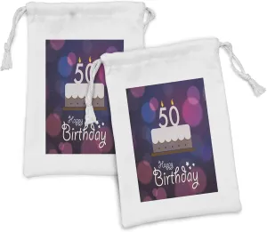 Ambesonne 50th Birthday Fabric Pouch Set of 2, Color Spots in Graphic Style Cake Number Candlesticks Lettering, Small Drawstring Bag for Toiletries Masks and Favors, 9" x 6", Blue Pink White