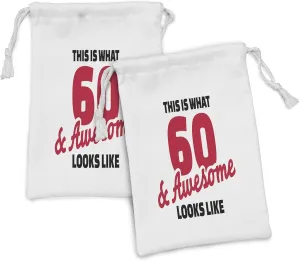 Ambesonne 60th Birthday Fabric Pouch Set of 2, Birthday Party Words 60 Years Old Image, Small Drawstring Bag for Toiletries Masks and Favors, 9" x 6", Red Black and White