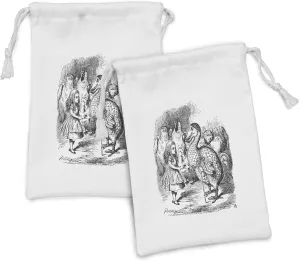 Ambesonne Alice Fabric Pouch Set of 2, Alice in Wonderland with Dodo Animal Adventures Big Bird Sketch Theme, Small Drawstring Bag for Toiletries Masks and Favors, 9" x 6", White and Black