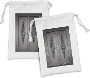 Ambesonne Antique Fabric Pouch Set of 2, Antique Door with Vertical Ornamental Floral Pattern Travel Treasure Monochromic, Small Drawstring Bag for Toiletries Masks and Favors, 9" x 6", Grey Black