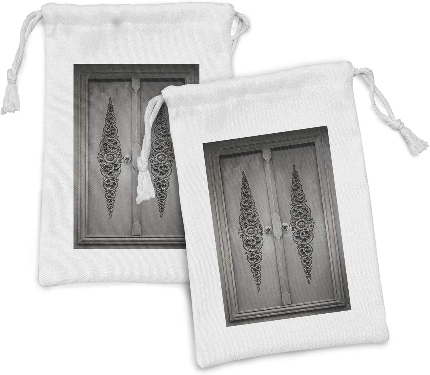 Ambesonne Antique Fabric Pouch Set of 2, Antique Door with Vertical Ornamental Floral Pattern Travel Treasure Monochromic, Small Drawstring Bag for Toiletries Masks and Favors, 9" x 6", Grey Black