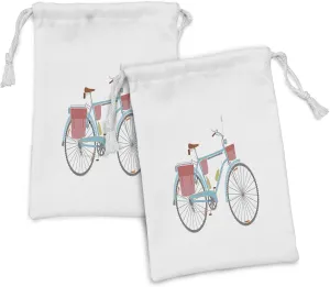 Ambesonne Bicycle Fabric Pouch Set of 2, Classic Touring Bike with Derailleur and Saddlebags Active Lifestyle Travel Print, Small Drawstring Bag for Toiletries Masks and Favors, 9" x 6", Multicolor