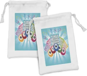 Ambesonne Bingo Fabric Pouch Set of 2, Colorful Illustration of Bingo Cards and Balls on Blue Sun Rays Retro Style, Small Drawstring Bag for Toiletries Masks and Favors, 9" x 6", Pale Blue Multicolor