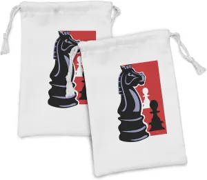 Ambesonne Board Game Fabric Pouch Set of 2, Chess Themed Pieces Design Pawn Silhouette and Knight, Small Drawstring Bag for Toiletries Masks and Favors, 9" x 6", Grey Apricot