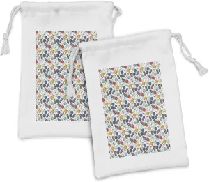 Ambesonne Bowling Fabric Pouch Set of 2, Color Doodle Design on Notebook Sheet Backdrop Ball Pins and Shoes in Retro Style, Small Drawstring Bag for Toiletries Masks and Favors, 9" x 6", Multicolor