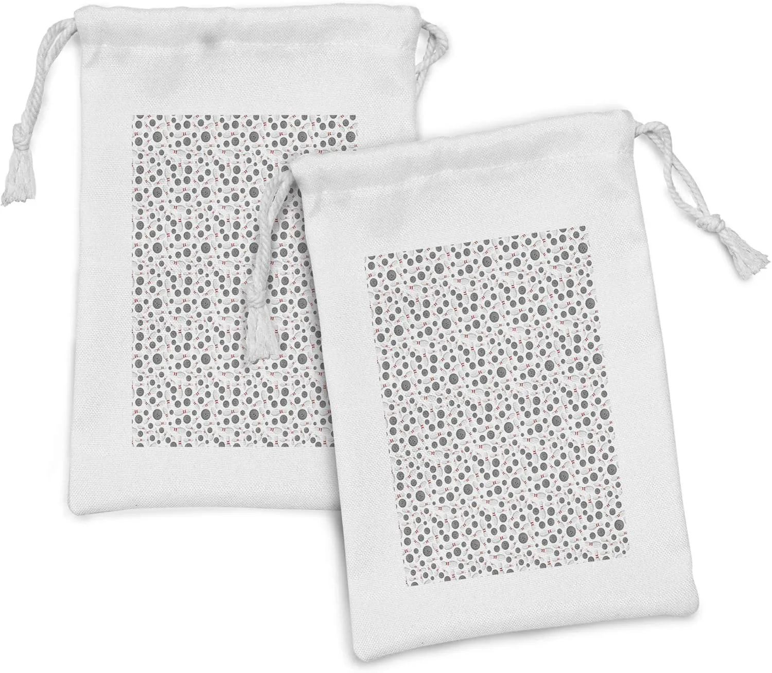 Ambesonne Bowling Fabric Pouch Set of 2, Realistic Graphic Game Scattered on Plain Backdrop Competition and Fun, Small Drawstring Bag for Toiletries Masks and Favors, 9" x 6", Grey White Red