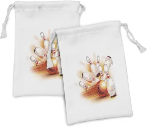 Ambesonne Bowling Party Fabric Pouch Set of 2, Abstract Colorful Ball Crashing into Vivid Skittles Display, Small Drawstring Bag for Toiletries Masks and Favors, 9" x 6", Red Orange White