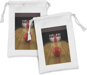 Ambesonne Bowling Party Fabric Pouch Set of 2, Alley with Red Skittle in Center Target Score Winning Competition, Small Drawstring Bag for Toiletries Masks and Favors, 9" x 6", Pale Brown Red White