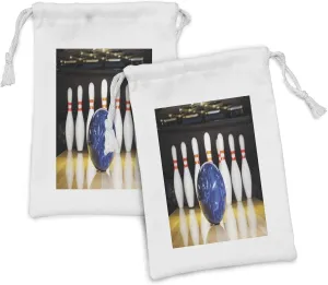 Ambesonne Bowling Party Fabric Pouch Set of 2, Blue Abstract Ball on the Lane Pins Close up View Sports Leisure Time Game, Small Drawstring Bag for Toiletries Masks and Favors, 9" x 6", Multicolor