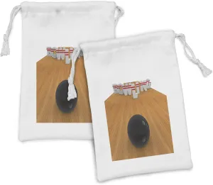 Ambesonne Bowling Party Fabric Pouch Set of 2, Bowling Alley with Skittles and Ball in Position Hobby Print, Small Drawstring Bag for Toiletries Masks and Favors, 9" x 6", Pale Brown Black White