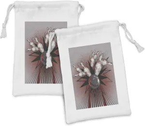 Ambesonne Bowling Party Fabric Pouch Set of 2, Bowling Ball Crashing into Pins Retro Blast Effect Sketchy Art Design, Small Drawstring Bag for Toiletries Masks and Favors, 9" x 6", Mauve Grey Red