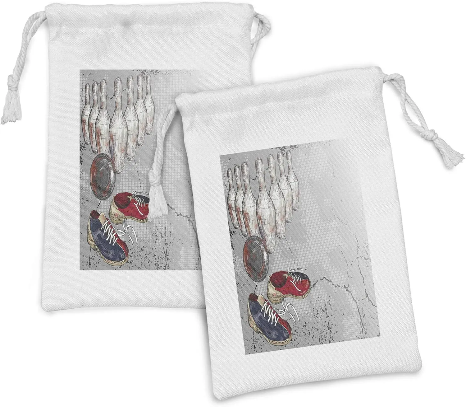Ambesonne Bowling Party Fabric Pouch Set of 2, Bowling Shoes Pins and Ball in Grunge Style Print, Small Drawstring Bag for Toiletries Masks and Favors, 9" x 6", Pale Grey Dark Blue