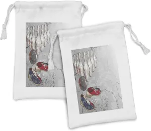 Ambesonne Bowling Party Fabric Pouch Set of 2, Bowling Shoes Pins and Ball in Grunge Style Print, Small Drawstring Bag for Toiletries Masks and Favors, 9" x 6", Pale Grey Dark Blue