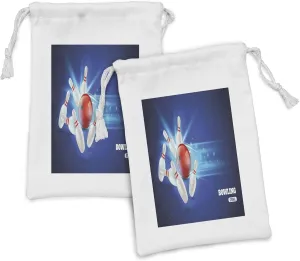 Ambesonne Bowling Party Fabric Pouch Set of 2, Bowling Strike Image Red Ball and Classical Pins in Vivid Composition, Small Drawstring Bag for Toiletries Masks and Favors, 9" x 6", Red Aqua Blue