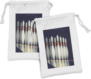 Ambesonne Bowling Party Fabric Pouch Set of 2, Classical Pins on Alley Competition Pursuit Leisure Time Theme Print, Small Drawstring Bag for Toiletries Masks and Favors, 9" x 6", Dark Blue White Red