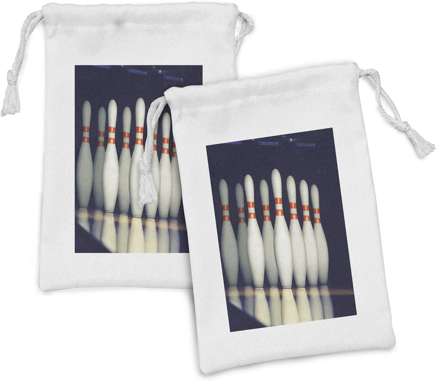 Ambesonne Bowling Party Fabric Pouch Set of 2, Classical Pins on Alley Competition Pursuit Leisure Time Theme Print, Small Drawstring Bag for Toiletries Masks and Favors, 9" x 6", Dark Blue White Red
