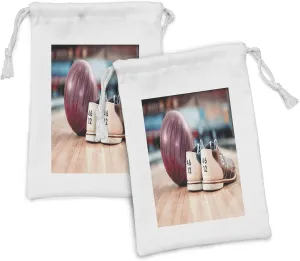 Ambesonne Bowling Party Fabric Pouch Set of 2, Close up Bowling Shoes with Purple Ball on an Alley Indoor Activity Hobby, Small Drawstring Bag for Toiletries Masks and Favors, 9" x 6", Multicolor