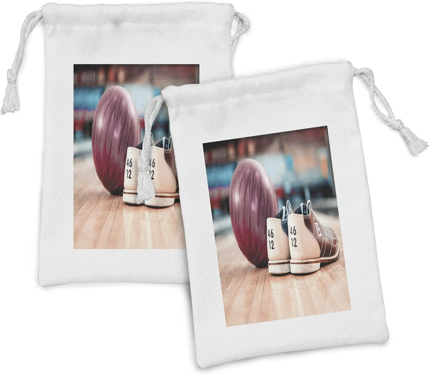 Ambesonne Bowling Party Fabric Pouch Set of 2, Close up Bowling Shoes with Purple Ball on an Alley Indoor Activity Hobby, Small Drawstring Bag for Toiletries Masks and Favors, 9" x 6", Multicolor